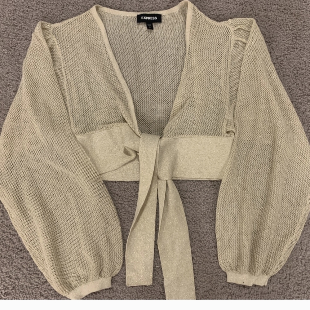Cream Cropped Shrug with Tie Detail and Long Sleeves